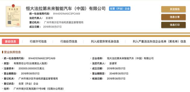 恒大法拉第未来中国公司落户广州：注册资本20亿美元