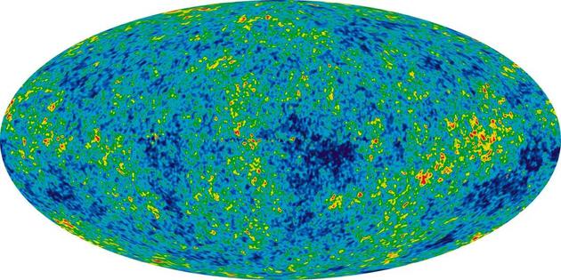 利用卫星探测到的宇宙微波背景辐射,图片来自 wikipedia