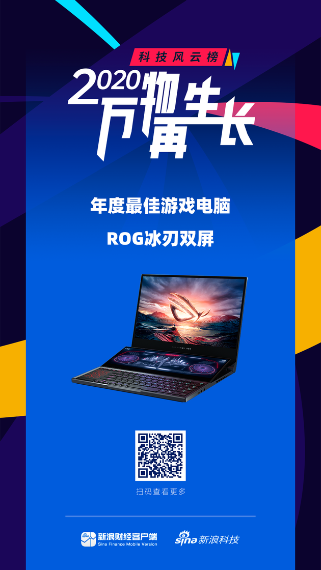 ROG冰刃双屏获得新浪2020科技风云榜年度最佳游戏电脑奖项