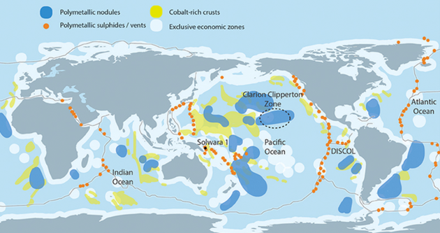 三种主要类型的海洋矿床分布，蓝色为多金属结核