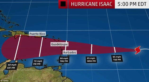 9月11日热带风暴“艾萨克”从飓风等级降级，但仍然风速达到每小时60英里。目前美国国家飓风中心正在密切关注该风暴向加勒比海移动的情况。