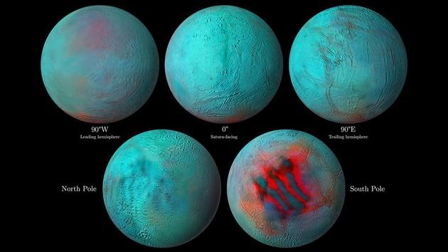 在这些土星冰冷的卫星土卫二的细节红外图像中，红色区域表示沉积在木卫二表面的新结冰。