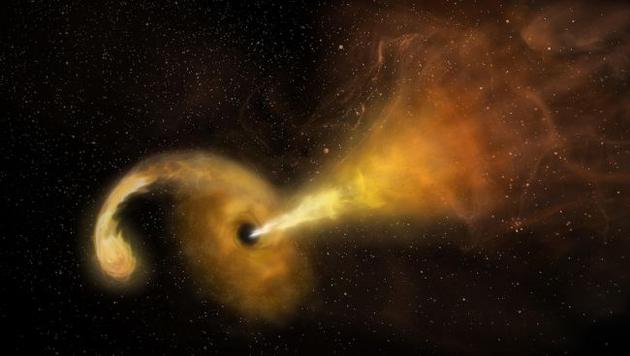 黑洞潮汐撕裂恒星事件的想象图。当一颗恒星太接近超大质量黑洞时，就会发生潮汐撕裂事件