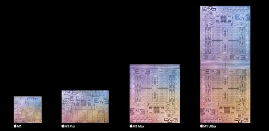 ▲苹果自研M1系列电脑芯片，从左至右：M1、M1 Pro、M1 Max、M1 Ultra