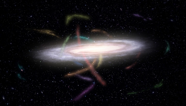图为银河系周围星流的概念图。星流指在银河系引力作用下被撕裂的小型星系与星团。