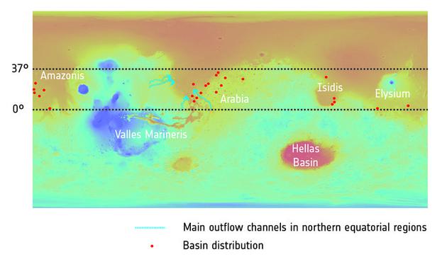 这张图片显示了众多可能与火星地下水系统有关的深陨石坑（红点），底图显示了火星的地形，红色和橙色区域海拔较低，蓝色和绿色区域海拔较高。