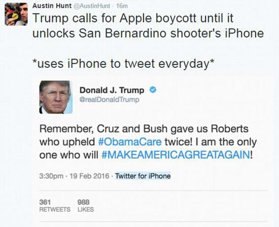 曾经呼吁抵制苹果的特朗普还是钟爱iPhone