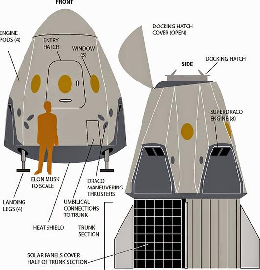 龙式飞船载人版的示意图，底部拥有着陆装置，未来可衍生出火星着陆飞船