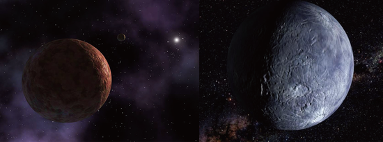 在冥王星以远的太阳系空间，可能至少隐藏着两颗未知行星，其引力影响了海王星外已知天体的轨道。冥王星以远的冰冻天体的艺术图