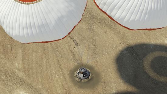 波音公司CST-100飞船着陆情况演示。和SpaceX公司有所不同的是,CST-100飞船的着陆方式采用的是降落伞配合缓冲气囊的组合