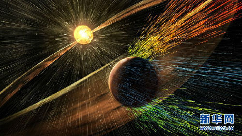 这是美国航天局11月5日公布的太阳风加速火星大气中被称为离子的带电原子，令其逃逸至太空中的示意图。美国航天局11月5日公布的火星大气观测结果显示，太阳风可能是剥夺火星大气的罪魁祸首，导致这颗红色星球从像地球那样温暖、湿润的行星变成一个干燥、寒冷的沙漠世界。新华社 美联