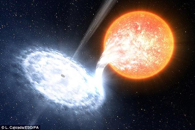 示意图：在2015年6月，距离地球约7800光年之外的天鹅座V404发生爆发，产生明亮的红色闪光，转瞬即逝。这是近几年来目睹的最强烈的黑洞闪光