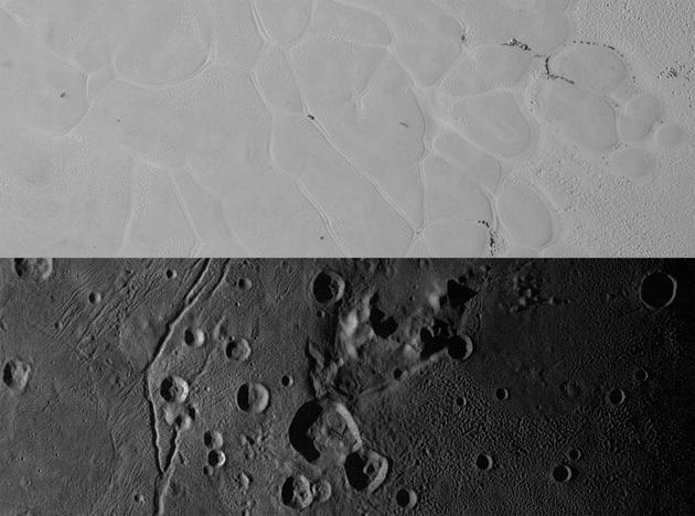 对比：上图是新视野号拍摄的冥王星表面“斯普特尼克平原”(Sputnik Planum)，下图则是卡戎表面的“伏尔甘平原”( Vulcan Planum)