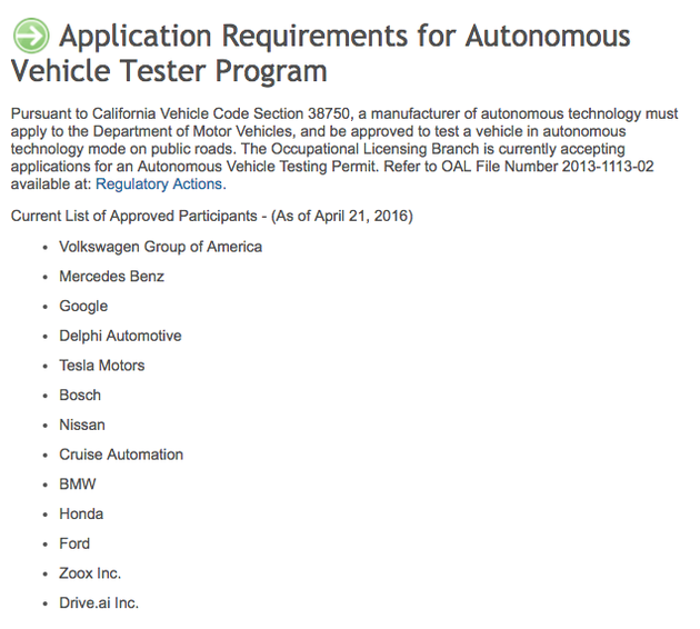 (加州车辆管理局的自动驾驶汽车公共道路测试牌照公示页面)