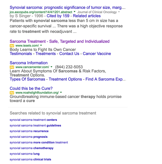 谷歌关于滑膜肉瘤治疗的搜索广告，有明确的广告标志