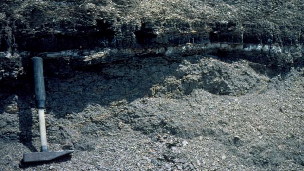 美国西墨西哥州境内的“白垩-早第三纪界限”(K-Pg Boundary)，这层白色地层的下方是白垩纪，里面含有恐龙化石，而在这层地层以上属于新生代，恐龙已经不见踪影