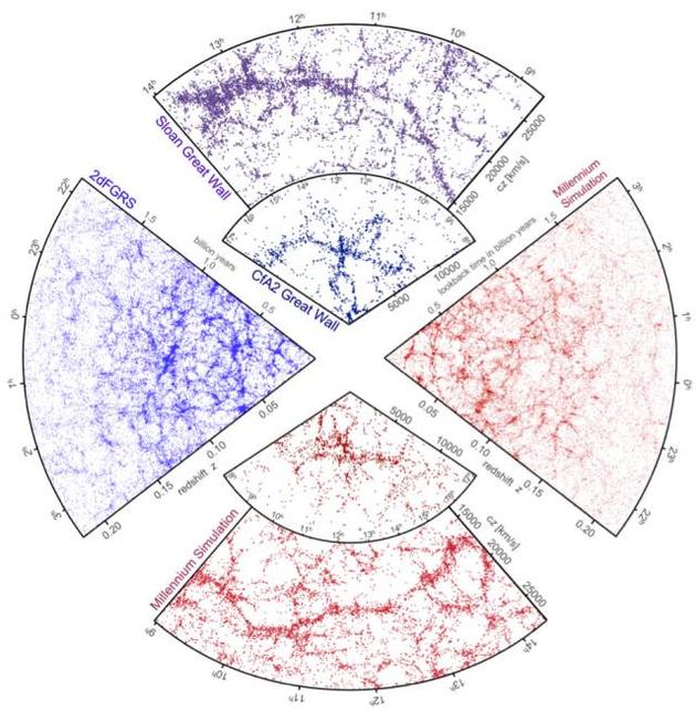 图2. 观测中和数值模拟中的宇宙。每一个扇形区域显示了宇宙一个切片中的星系分布。扇形中的每一个小点都是代表一个星系。包含蓝色点的扇形是观测数据。其中最小的蓝色扇形代表了1977年CFA巡天的观测结果，读者可以清晰的看到宇宙中巨大的“长城”和“空洞”。而包含红色点的扇形是千禧年数值模拟，基于冷暗物质宇宙学模型演算得到的宇宙星系分布。读者可以看出，冷暗物质宇宙中的结构图样和观测十分相似。( 图片摘自马普天文所网站，数据来源自：Sloan Digital SkySurvey, 2dF Galaxy Redshift Survey, and Millenium Simulation。)