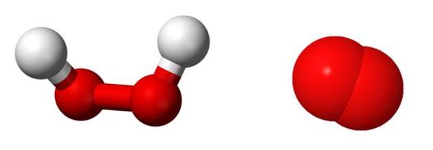 双氧水分子模型(左)与氧气分子模型(右)