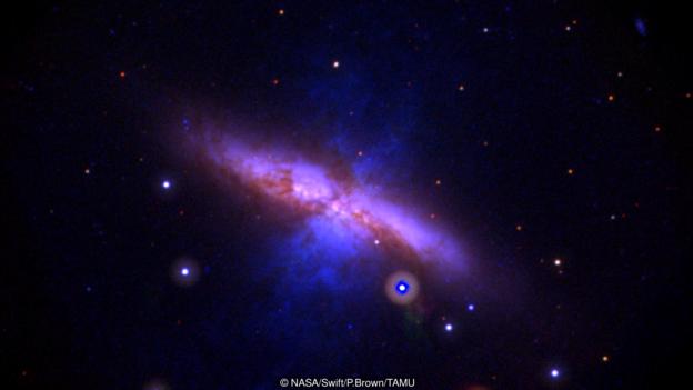 伽马射线爆发:宇宙中最剧烈的爆炸!伽马射线暴平均每天发生一两次 这颗超新星位于M82星系,距我们约1200万光年。