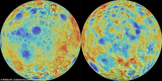 图为谷神星的地形图。图中的蓝色斑点多年来一直是个费解之谜。谷神星表面分布着大量深深的撞击坑，说明它的表面只有不到30%是由冰构成的。
