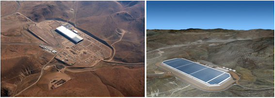 左图为目前只完成14%的Gigafactory；右图为最终建成图