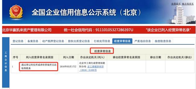 “北京华赢凯来资产管理有限公司” 存经营异常信息