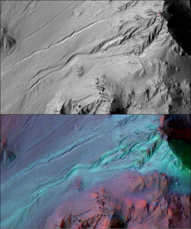 火星表面同一块区域。上图为火星勘测轨道器（MRO）搭载的“高分辨率成像科学实验”（HiRISE）拍摄的可见光图像，下图为叠加了“紧凑型勘测成像光谱仪”（CRISM）光谱数据的同一区域图像