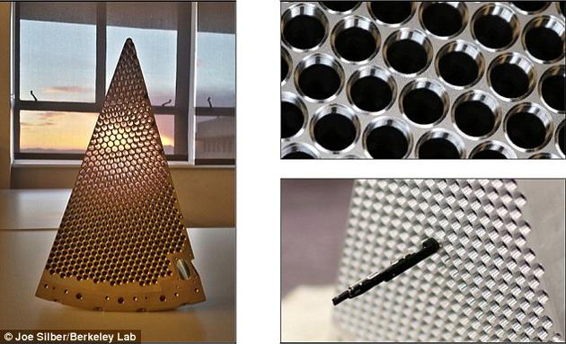 “暗能量光谱仪”数千个组件之一,这些组件上将配备5000个微型机器人(如右下图)。这些圆筒形的微型机器人能够将光缆精准地指向特定目标采集来自目标的光线。