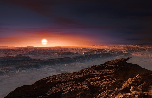 距离地球最近的恒星 这张艺术示意图展示的围绕红矮星比邻星运行的系外行星“比邻星b”表面的可能景象。比邻星是距离太阳系最近的恒星。在画面中右上方比邻星b的天空中,可以看到双星系统半人马座αAB。比邻星b质量稍大于地球,运行于比邻星周围的宜居带范围内