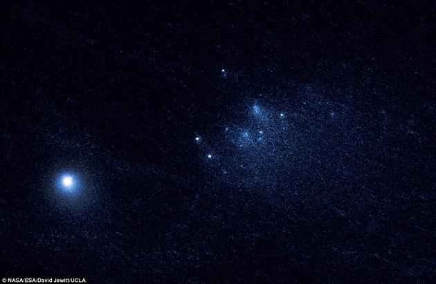 古老的碎片:哈勃望远镜目睹45亿年古老彗星解体过程:约25个碎片脱离 哈勃空间望远镜拍摄的图像显示在彗星主体后方跟随有大量的细小碎裂物体。研究人员认为这些小物体是由于阳光加热彗星表面并使其产生喷流,导致彗星自转加速后被甩离地表的松散物质