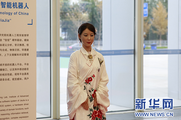 展区内备受关注的中国科学技术大学智能机器人“佳佳”。（新华网 鲁聃玉文摄）