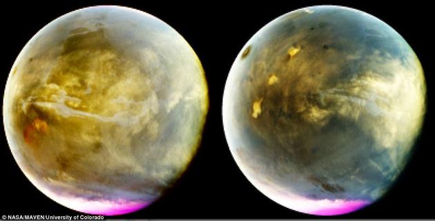 这两张图像展示的是火星自转7小时之间不同的画面，在此期间火星刚好转过大约1/4天。左侧图像正值清晨，而右侧图像正值下午。左侧图像上可以看到著名的水手谷，右侧图像上可以看到火星上规模最大的几座火山