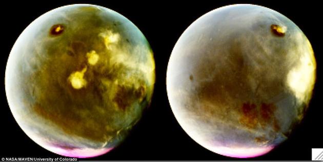 紫外波段的火星。这种图像可以用于追踪高空大气层内空气的流动情况