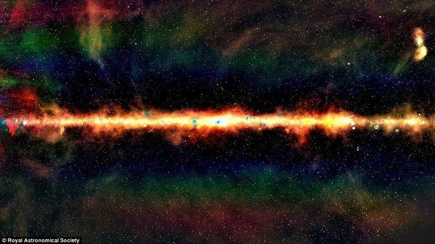 在30多万个星系中，银河系显得极为炫目。图中红色部分为低频率，绿色为中等频率，蓝色代表高频率。每一个光点都是一个星系。