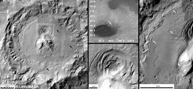 这个外观奇异的凹陷结构位于火星上的赫拉斯盆地内部，其周围被一些古老的冰川沉积物所围绕
