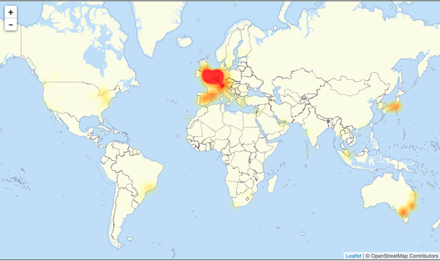 报告Outlook邮箱同步问题的国家和地区（用橙色或红色标注）