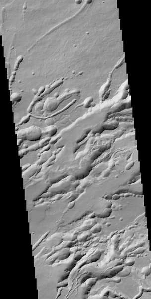 该卫星的摄像系统CaSSIS重建了火星上“诺克提斯迷宫”（Noctis Labyrinthus）的地质结构。图为该地区的海拔图，图像分辨率还不到20米。