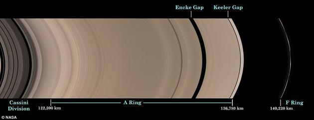 　　图中可见卡西尼缝和土星A环（包含恩克缝（Encke gap）和基勒缝（Keeler gap））。卡西尼缝最初由乔凡尼·多美尼科·卡西尼于1675年发现。他认为土星环并不是一个完整的大环，而是由几道更窄的环构成，每道环之间都有缝隙隔开。所有土星环直径总共达6.57万公里。