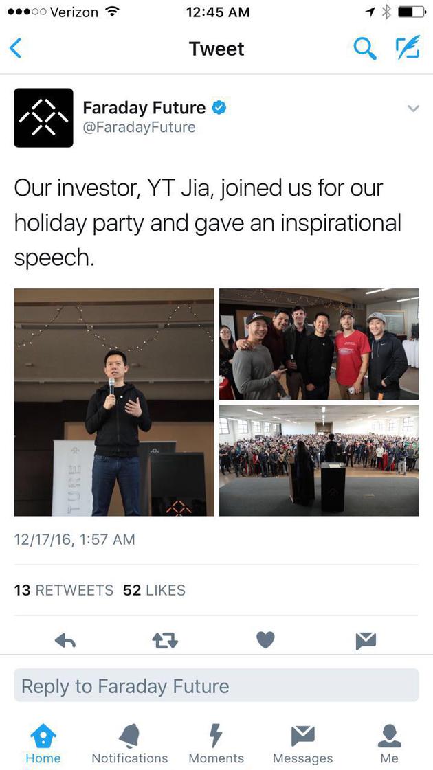 法乐第官方Twitter上周发布过贾跃亭讲话一事