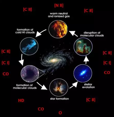 星际介质循环过程及对应的太赫兹远红外示踪分子及原子精细结构谱线（Chris Walker提供）