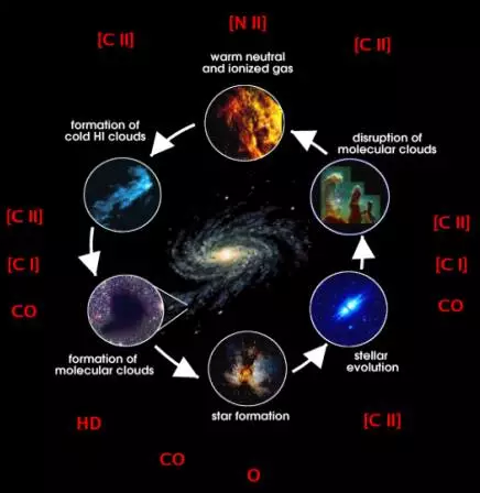 星际介质循环过程及对应的太赫兹远红外示踪分子及原子精细结构谱线(Chris Walker提供)