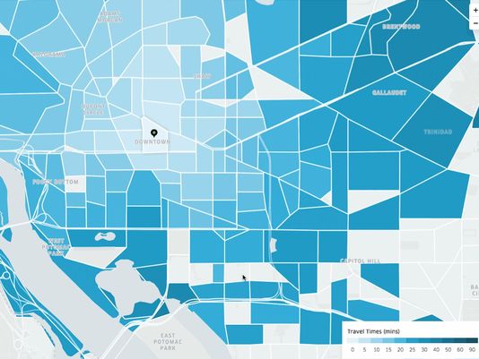 2016年3月16日华盛顿地铁紧急关闭后，城市各区域出行时间分部图