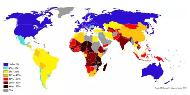 每天生活费低于2美元人口比例地图，2009年。来源：commons.wikimedia.org
