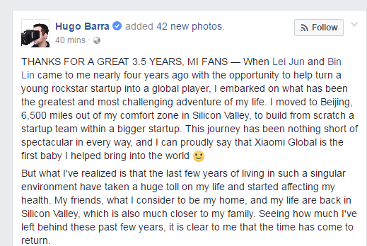 小米全球副总裁雨果·巴拉在Facebook主页上宣布离职