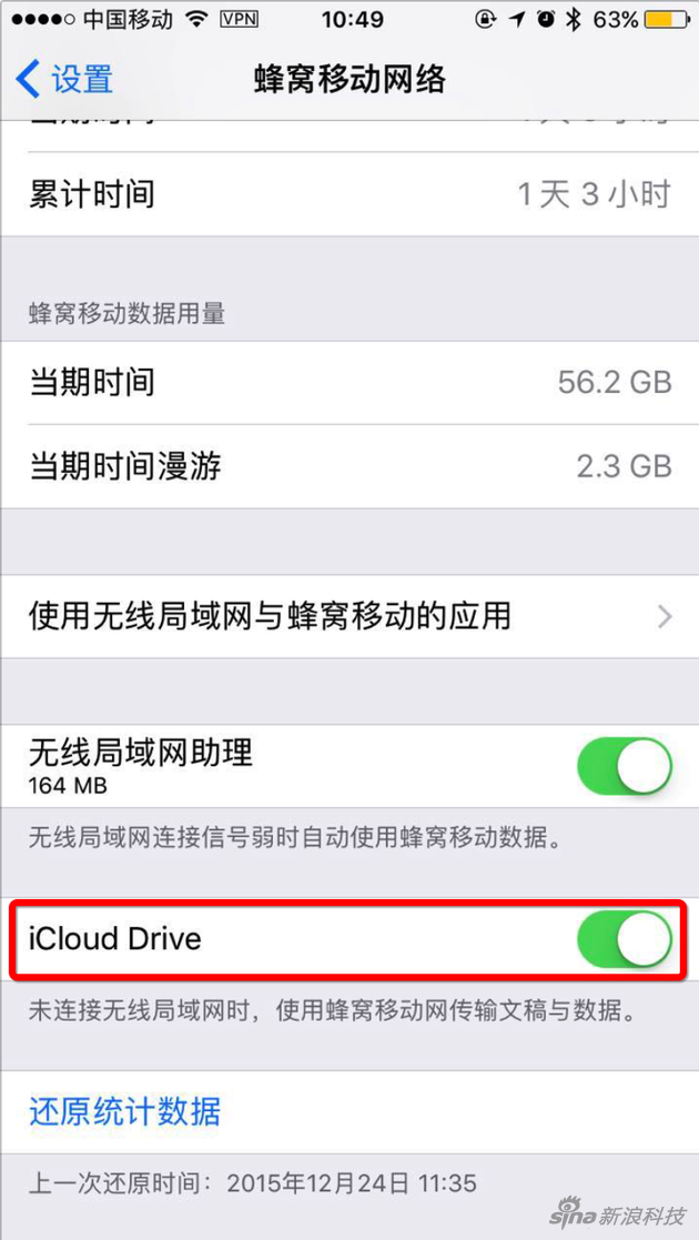 蜂窝数据中加入iCloud Drive开关