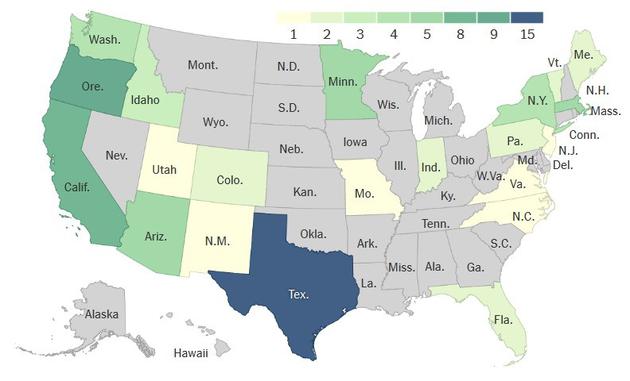 全美芯片工廠分布：美國擁有76家芯片工廠，其中有15家建在德州。