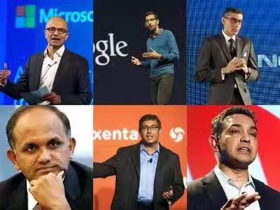 从上到下、从左至右依次为：微软CEO萨提亚·纳德拉、谷歌CEO桑达尔·皮查伊、诺基亚CEO拉吉夫.苏里、Adobe CEO山塔努·纳拉延、SanDisk CEO Sanjay Mehrotra、格罗方德CEO Sanjay Jha
