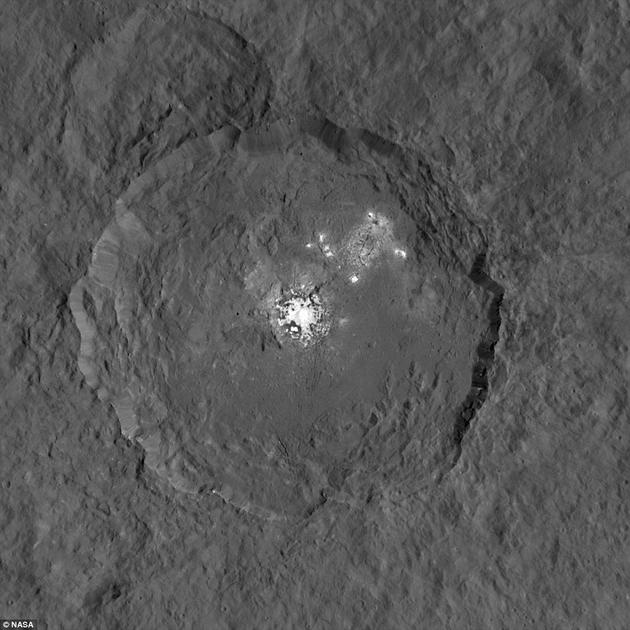 在一项新研究中,美国航空航天局(NASA)的研究者发现,谷神星的神秘亮斑可能由水冰等物质构成,并且由于谷神星的巨大倾斜角度,使其所在的坑穴在数百万年时间里一直未受到光照,从而使这些物质保存了下来。