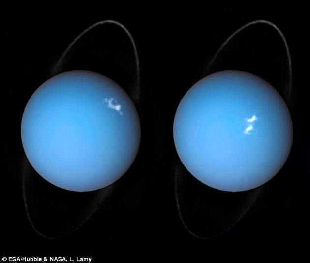 这些壮观的合成照片由旅行者2号和哈勃望远镜共同拍摄。天王星表面的明亮光斑是高能粒子与上层大气相撞时的产物，宛若一场宇宙灯火秀。
