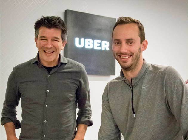 Uber CEO特拉维斯·卡兰尼克(左)与无人车负责人安东尼·莱万多夫斯基(右)